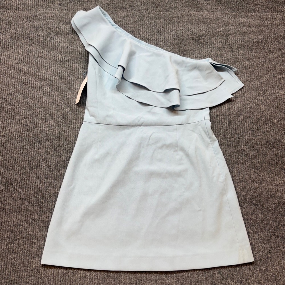 French Connection Whisper Asymmetric Ruffle Dress Light Blue Womens Size 10